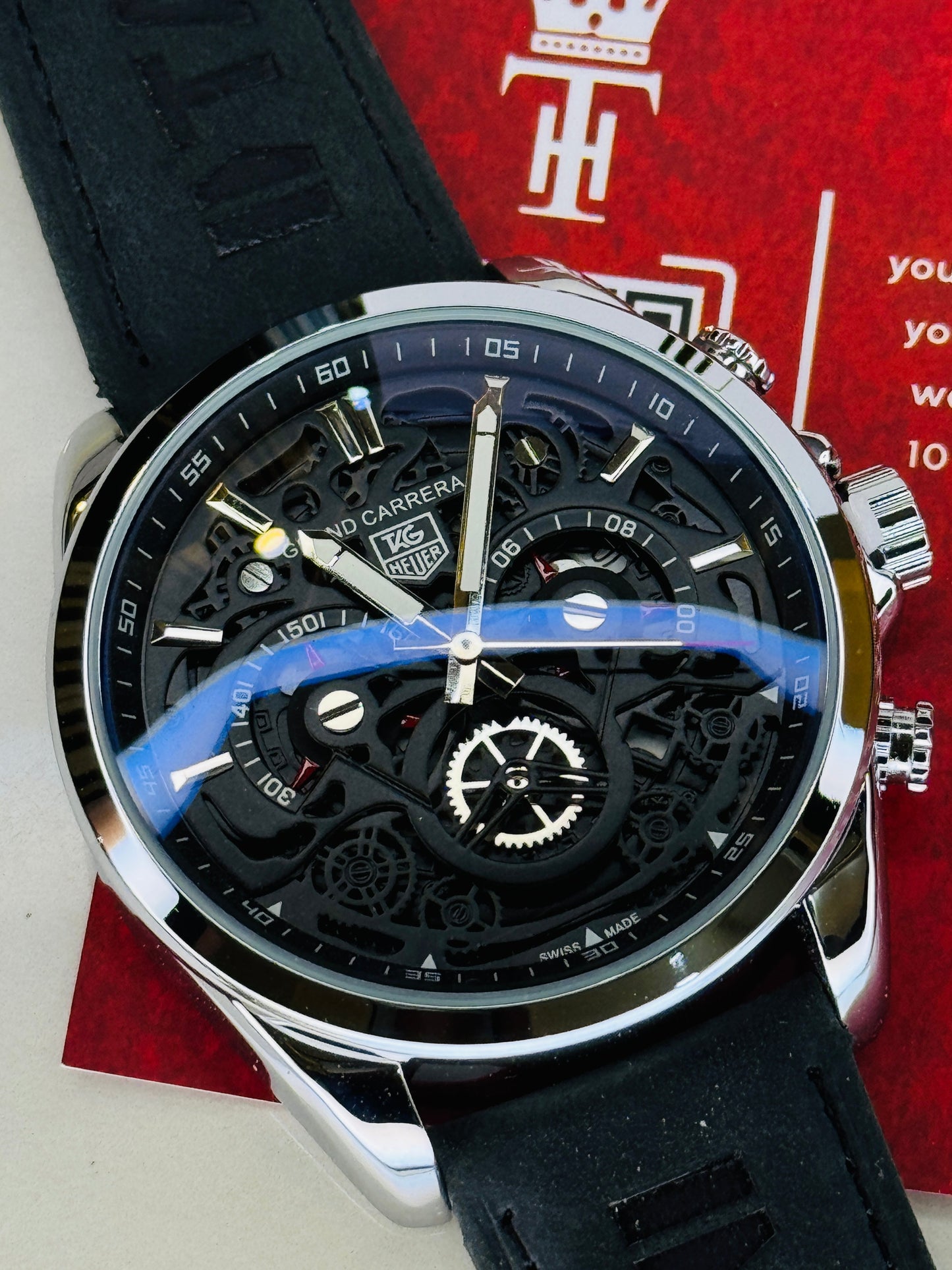 Silver Black Grand Carrera Chronographs Leather Watch