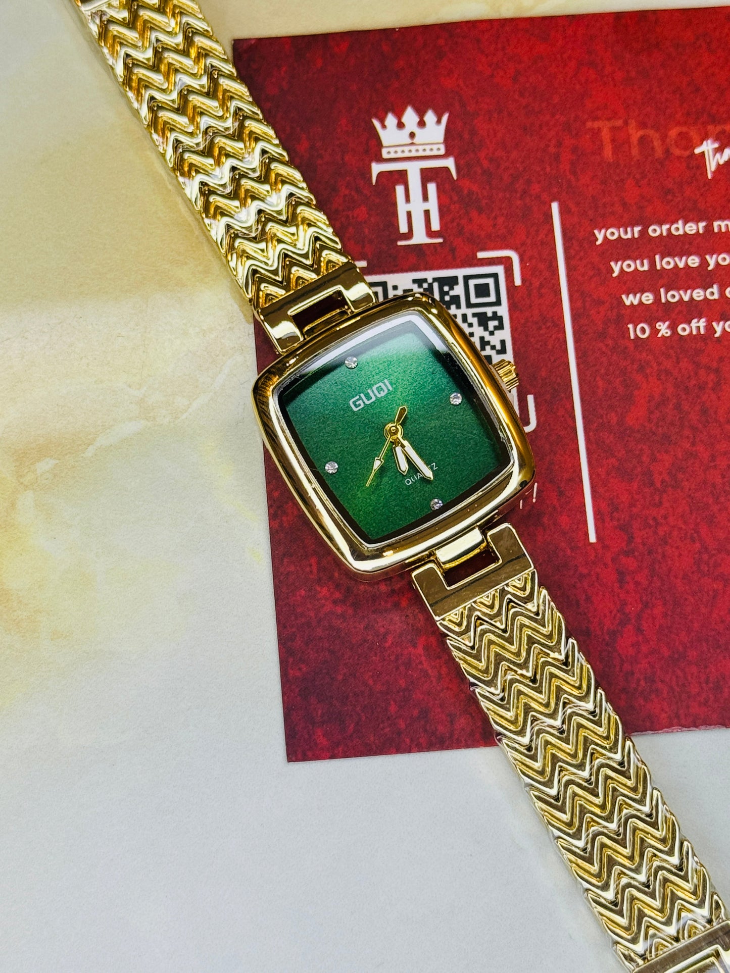 Gold Emerald Guqi Square Watch For Her
