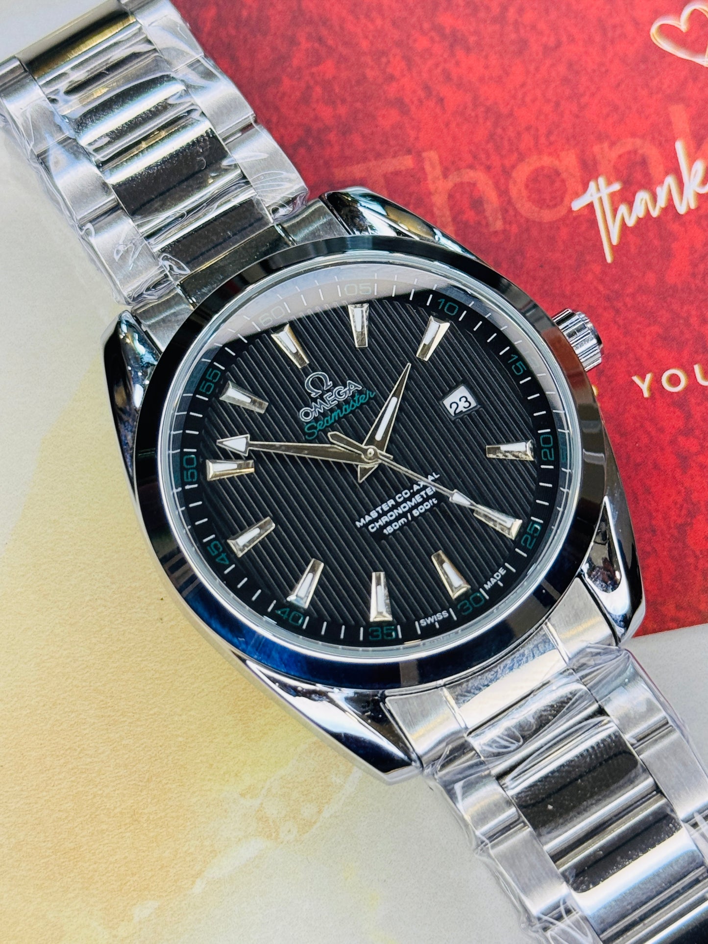 Silver Sapphire Chain Strapped Omega Sea Master Watch