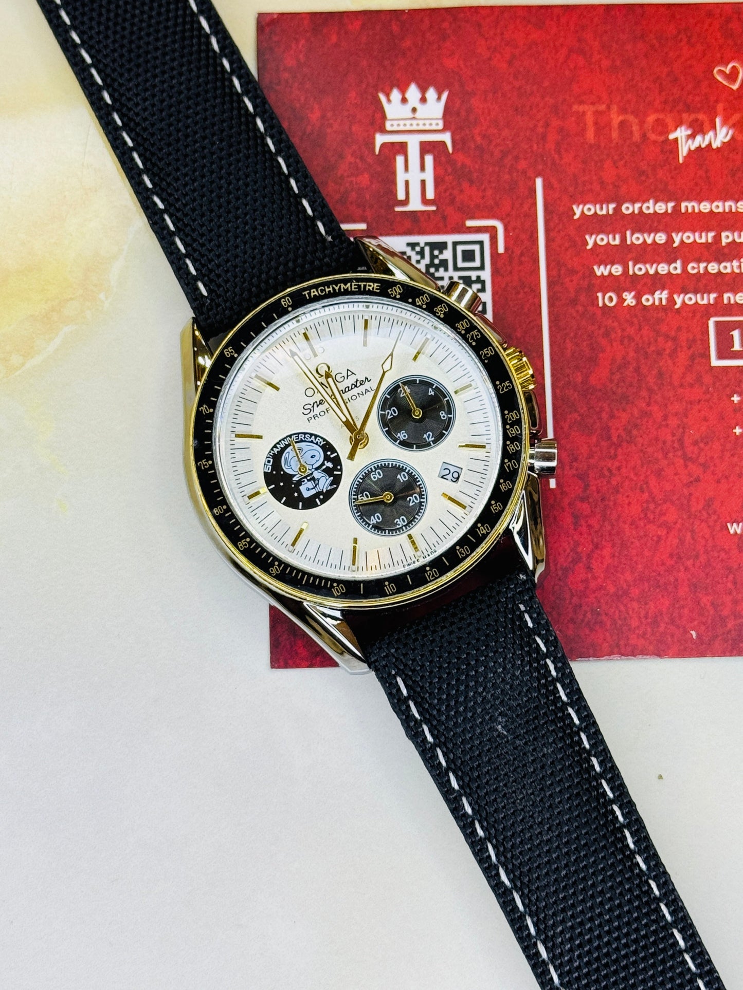 Omega 50th Anniversary Black White Chronograph Watch