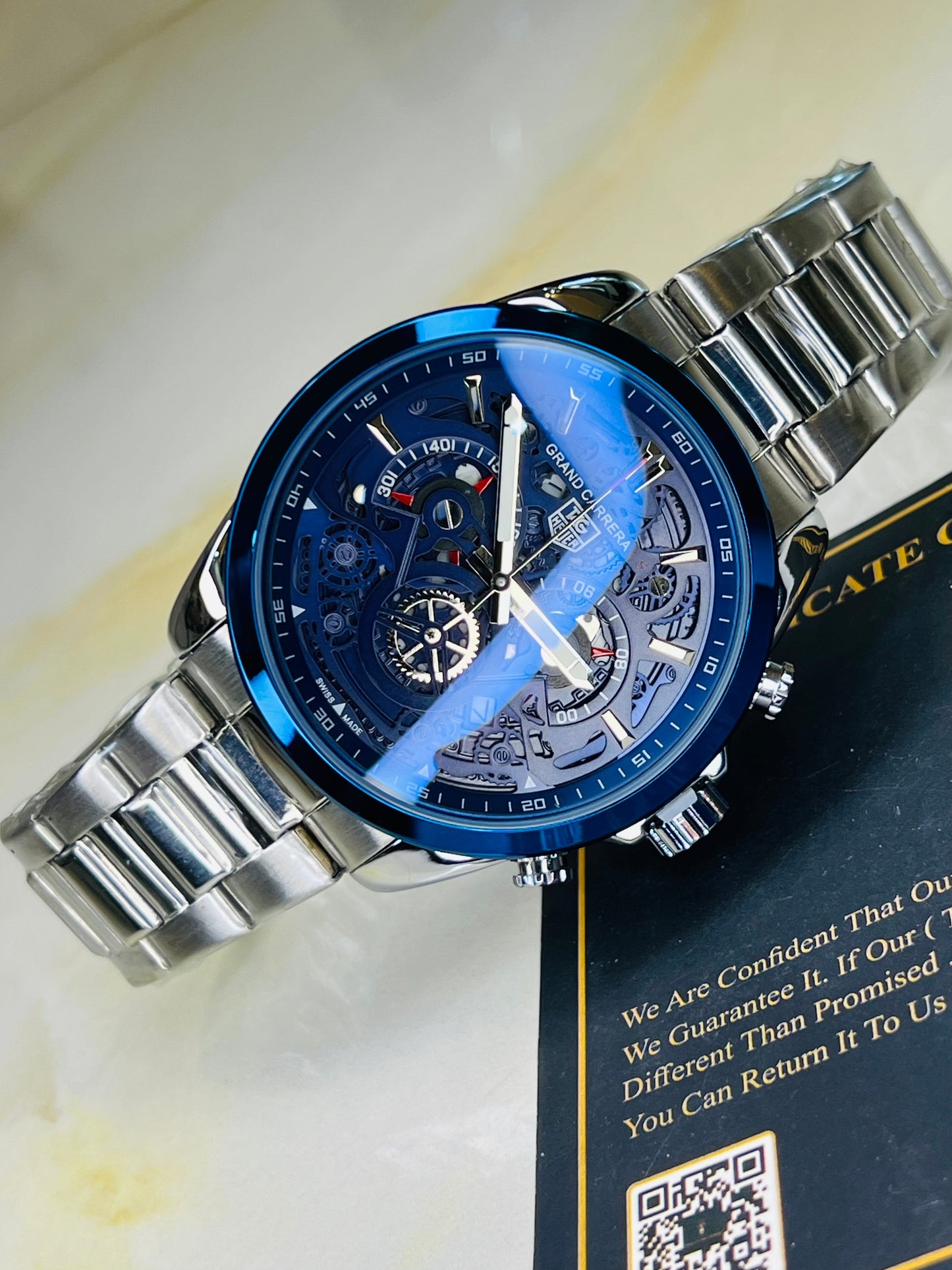 Silver Blue Grand Carrera Chain Strap Chronographs Watch