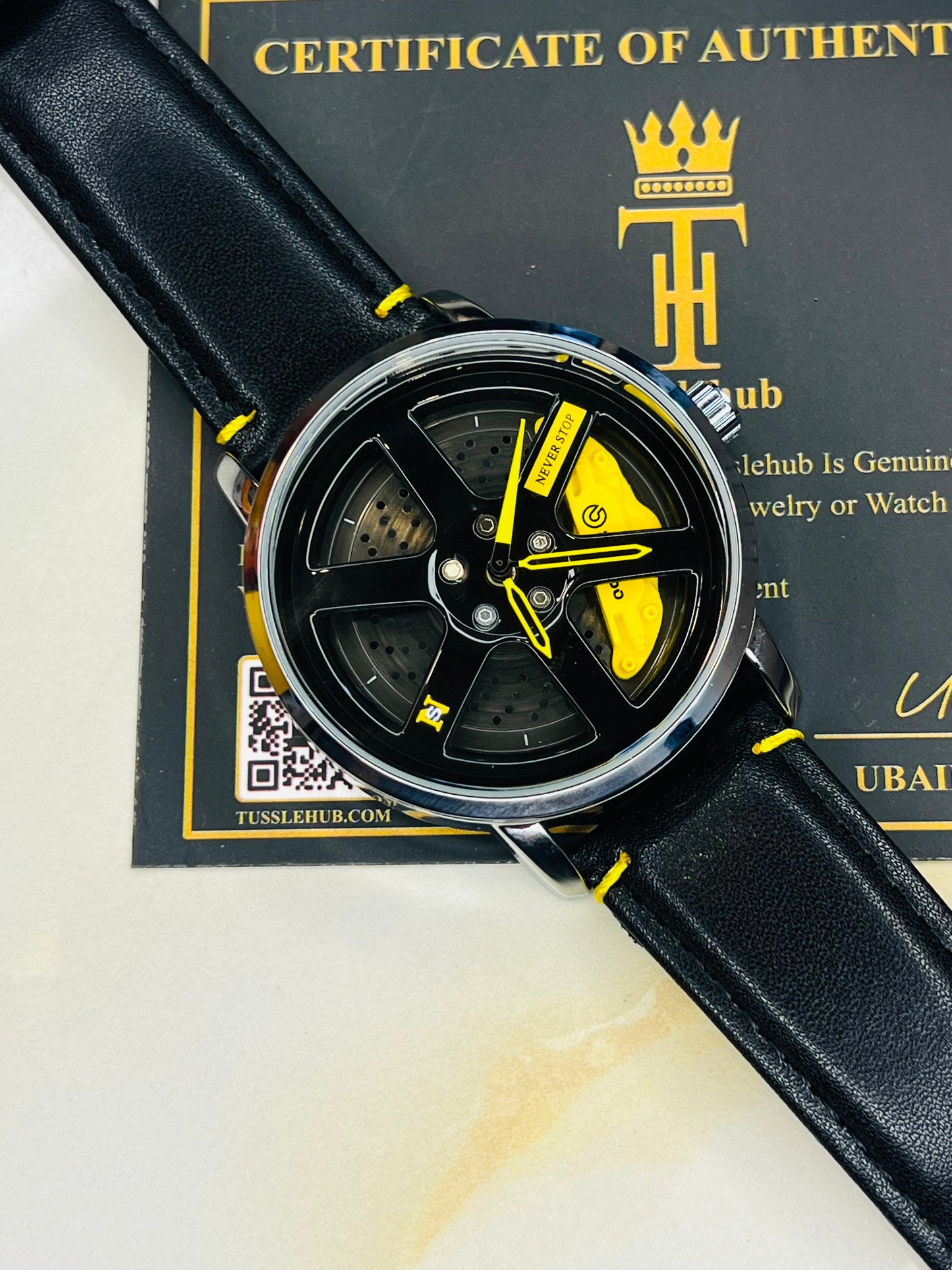 Black Yellow Leather Strapped Spinner NS Watch
