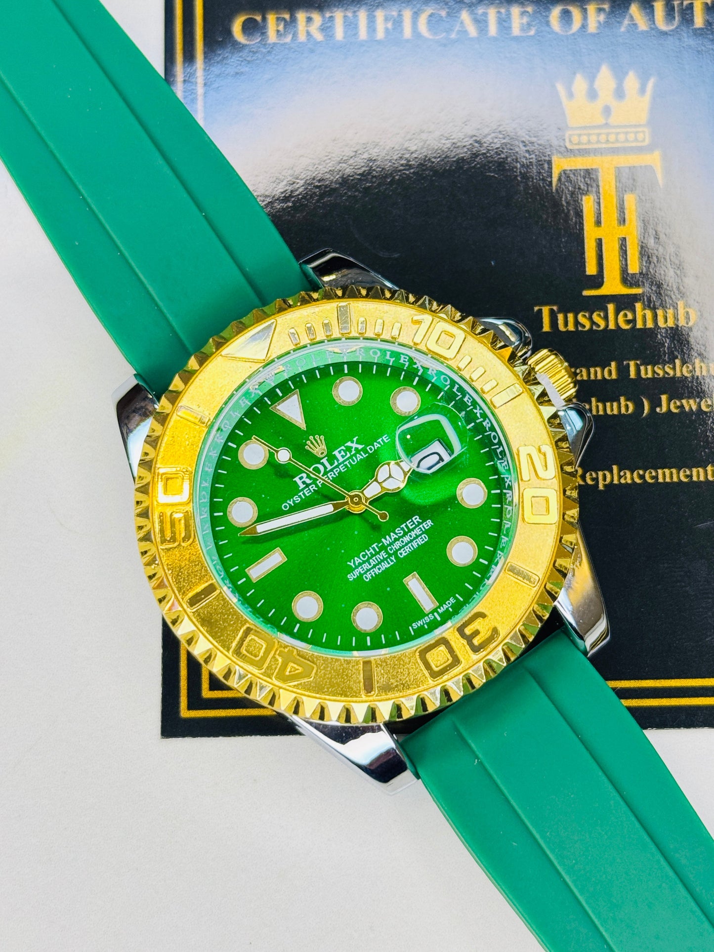 Green Gold Dial Black Yatchmaster Watch