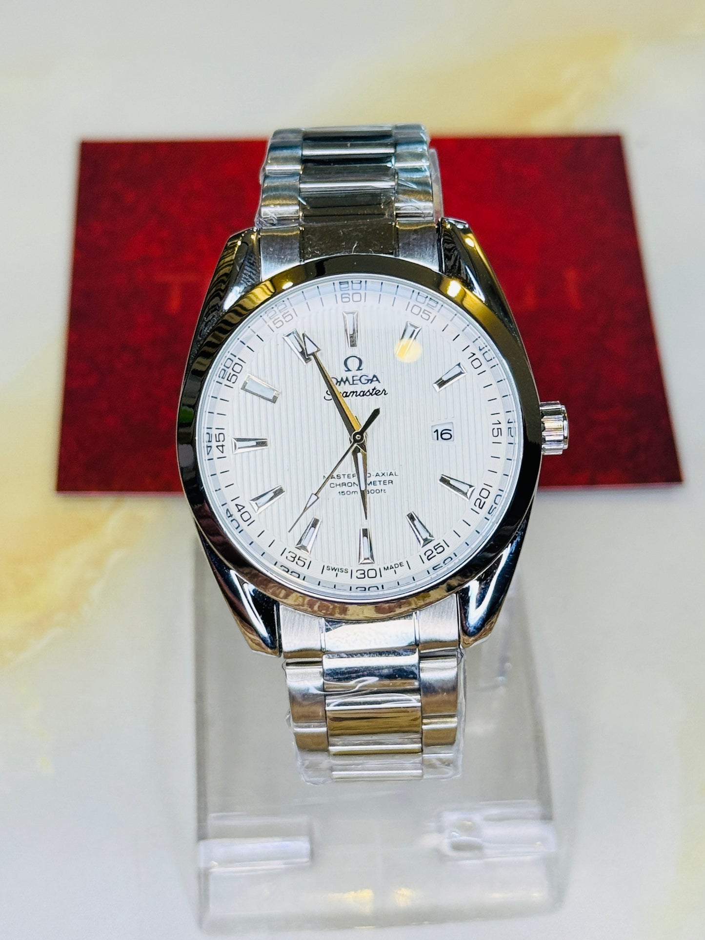 Silver White Chain Strapped Omega Sea Master Watch