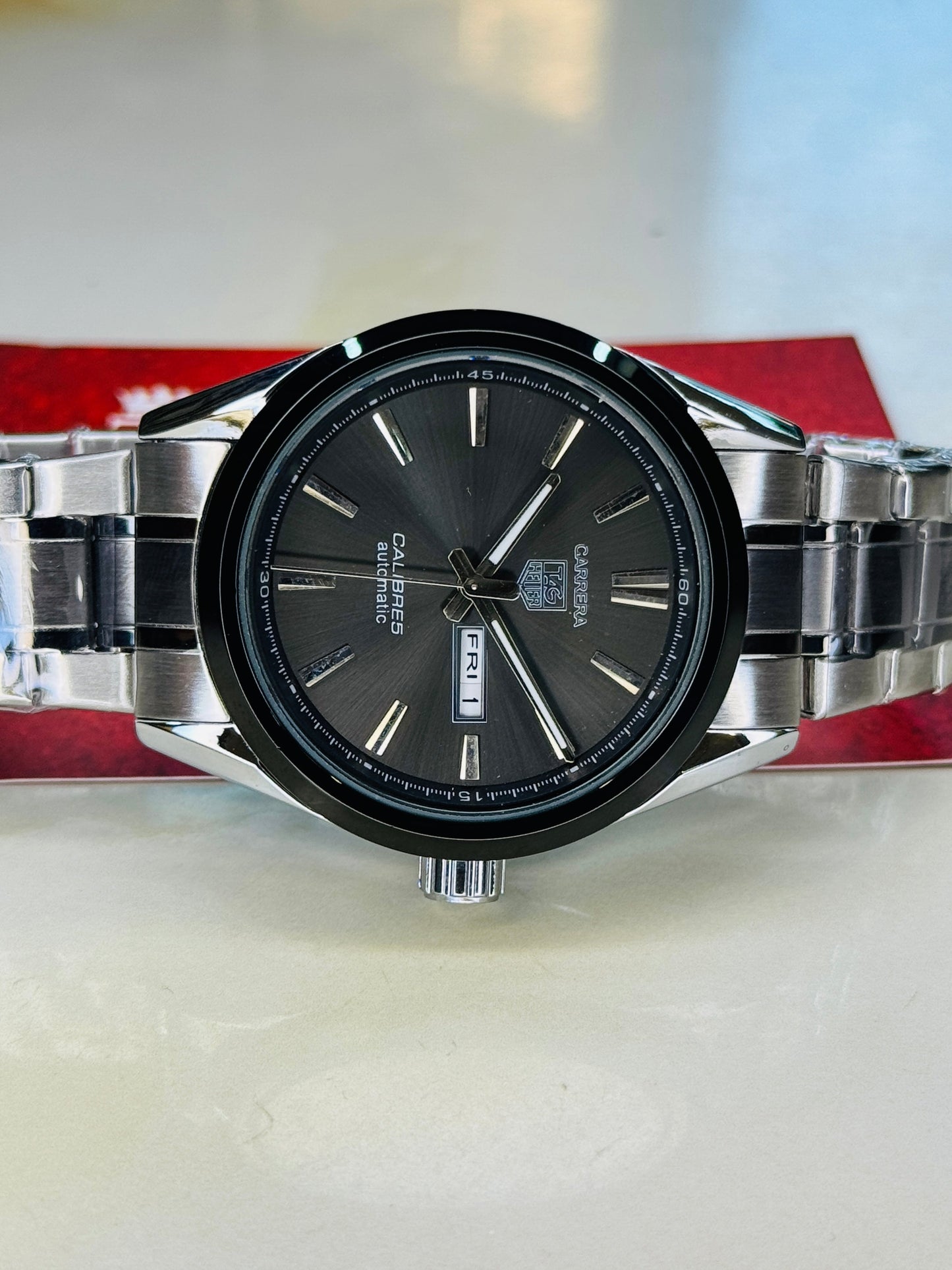 Silver Black Carrera Day Date Chain Strapped Watch