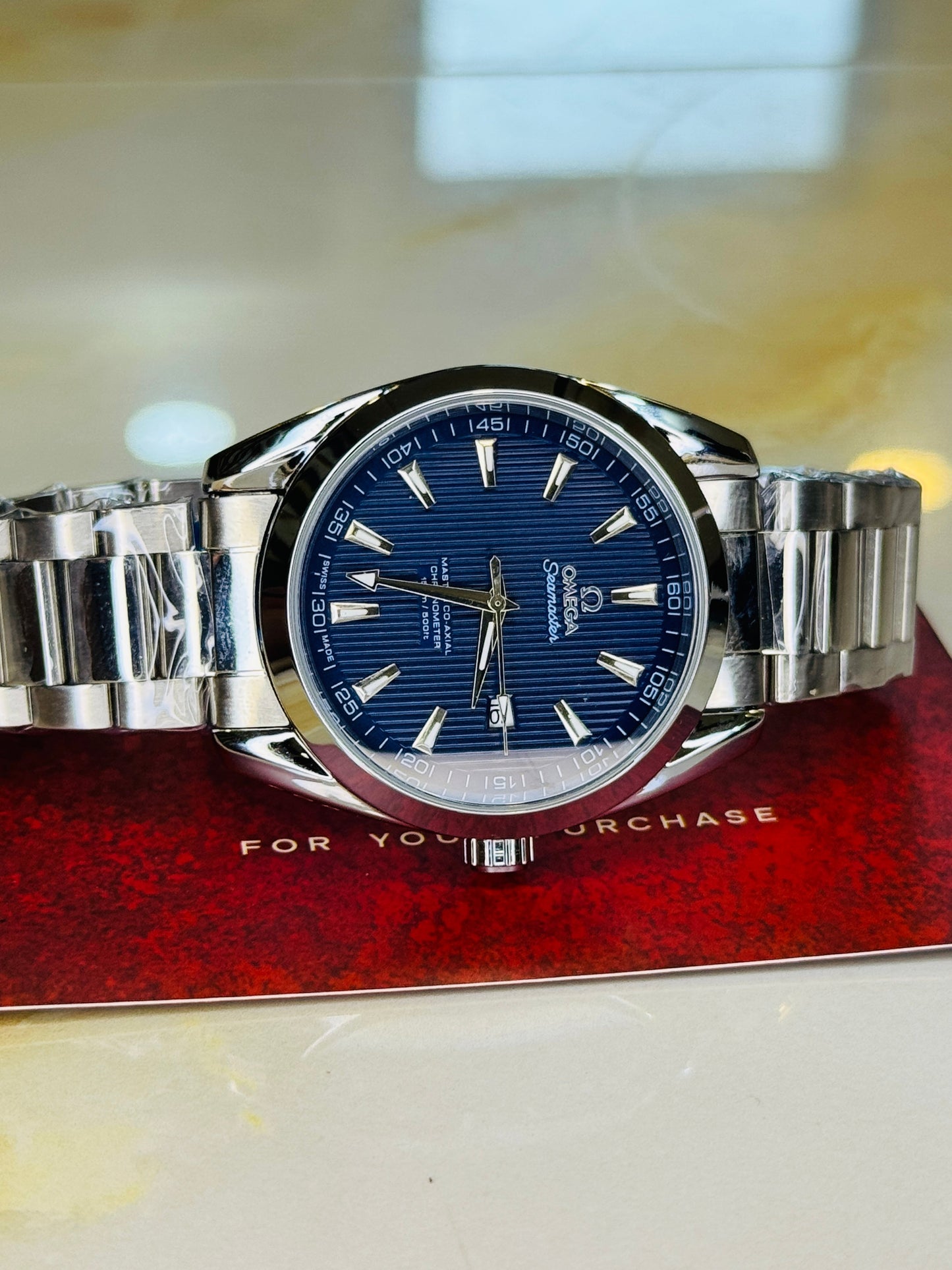 Silver Sapphire Chain Strapped Omega Sea Master Watch