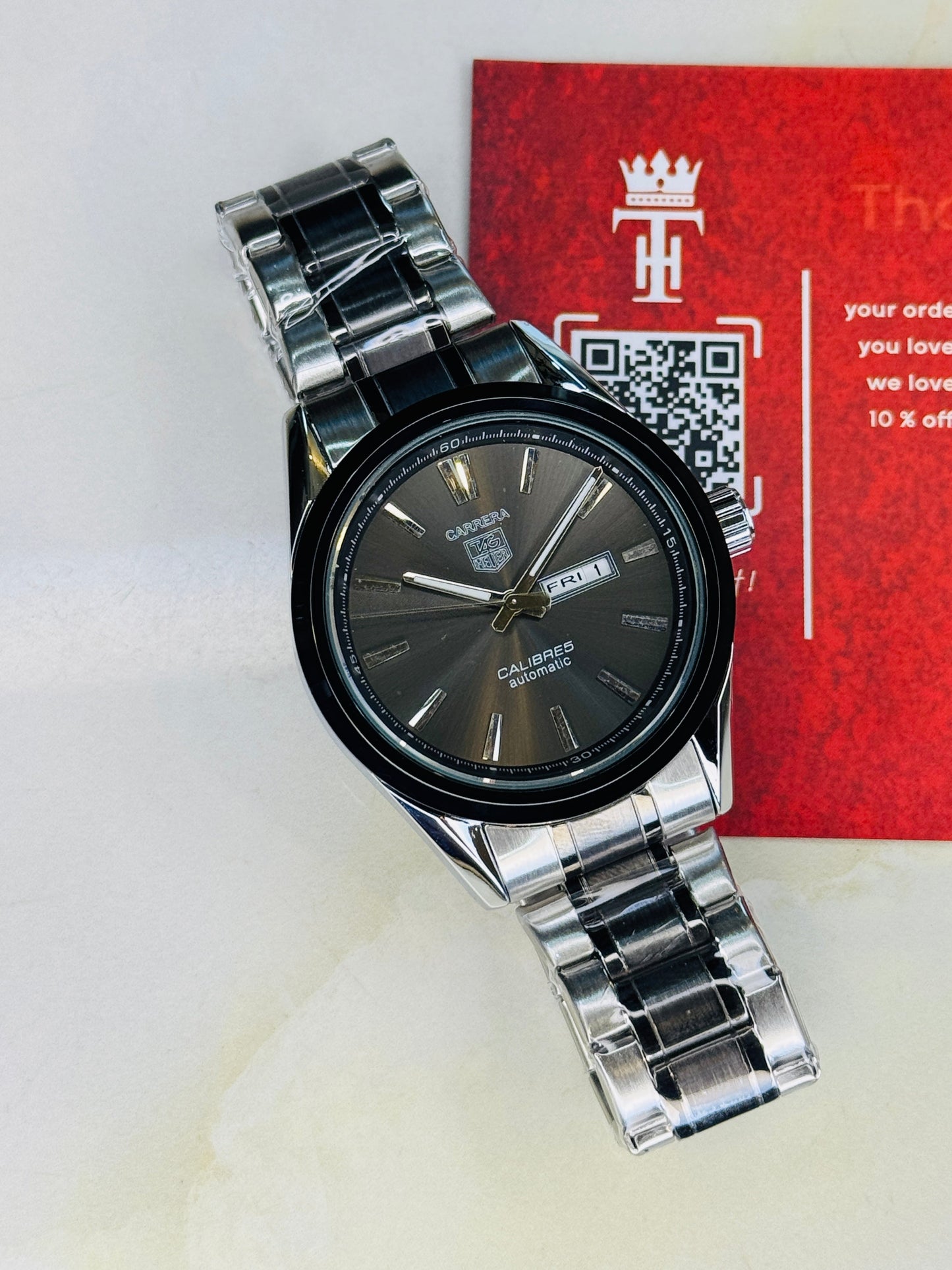 Silver Black Carrera Day Date Chain Strapped Watch