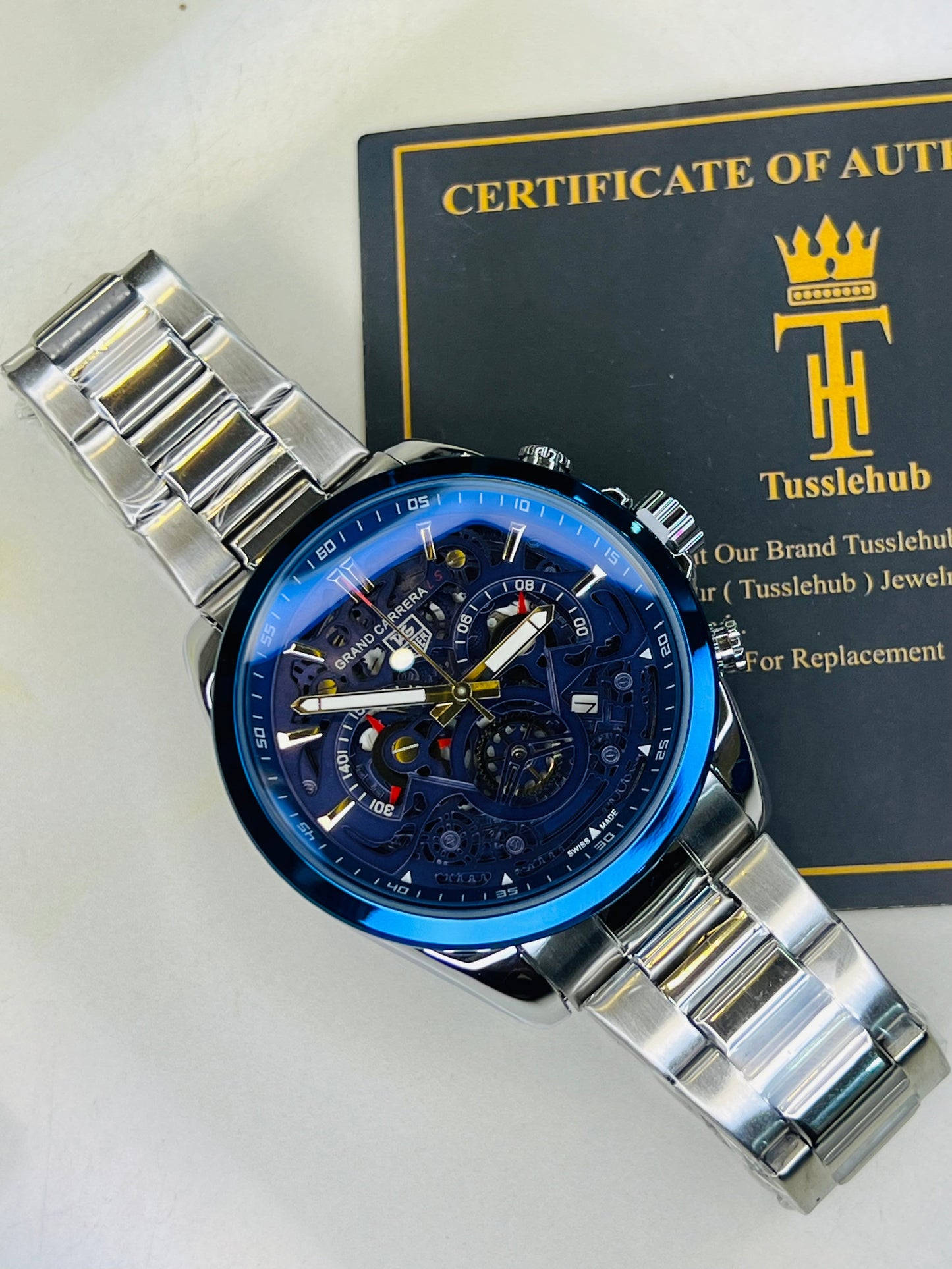 Silver Blue Grand Carrera Chain Strap Chronographs Watch