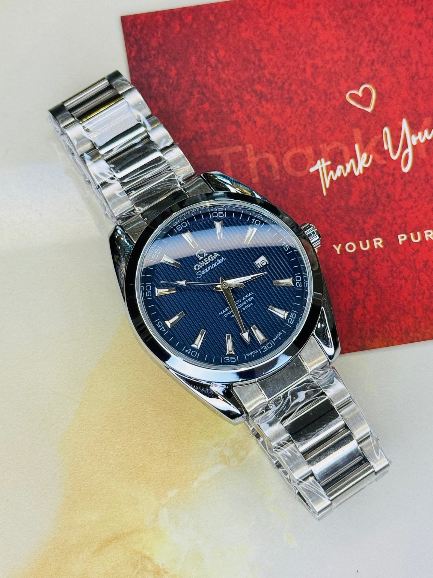 Silver Sapphire Chain Strapped Omega Sea Master Watch