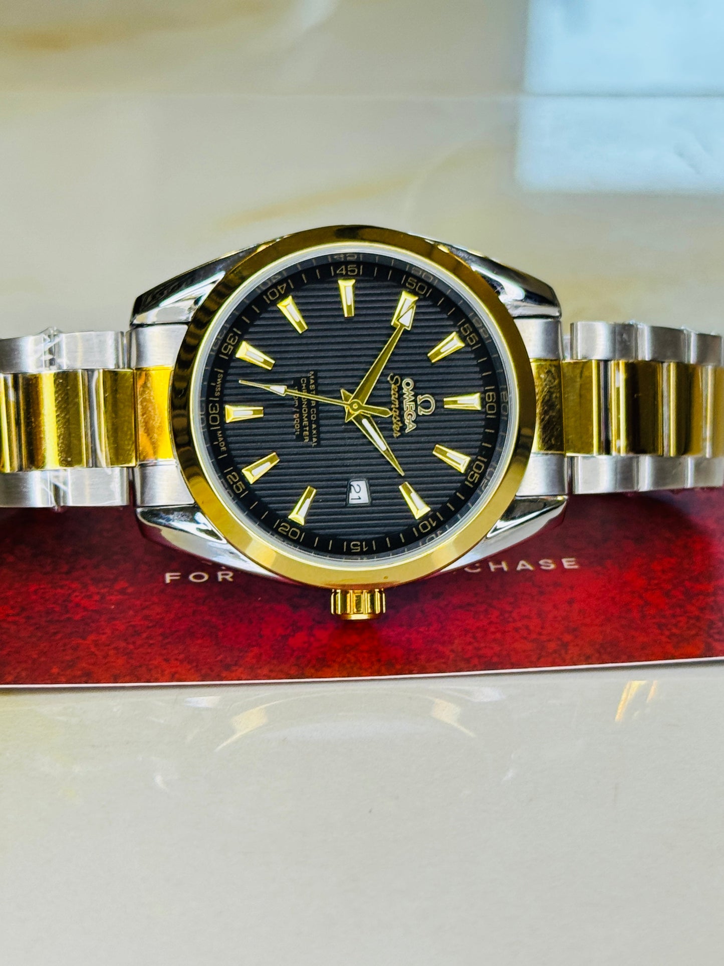 Two Tone Black Chain Strapped Omega Sea Master Watch
