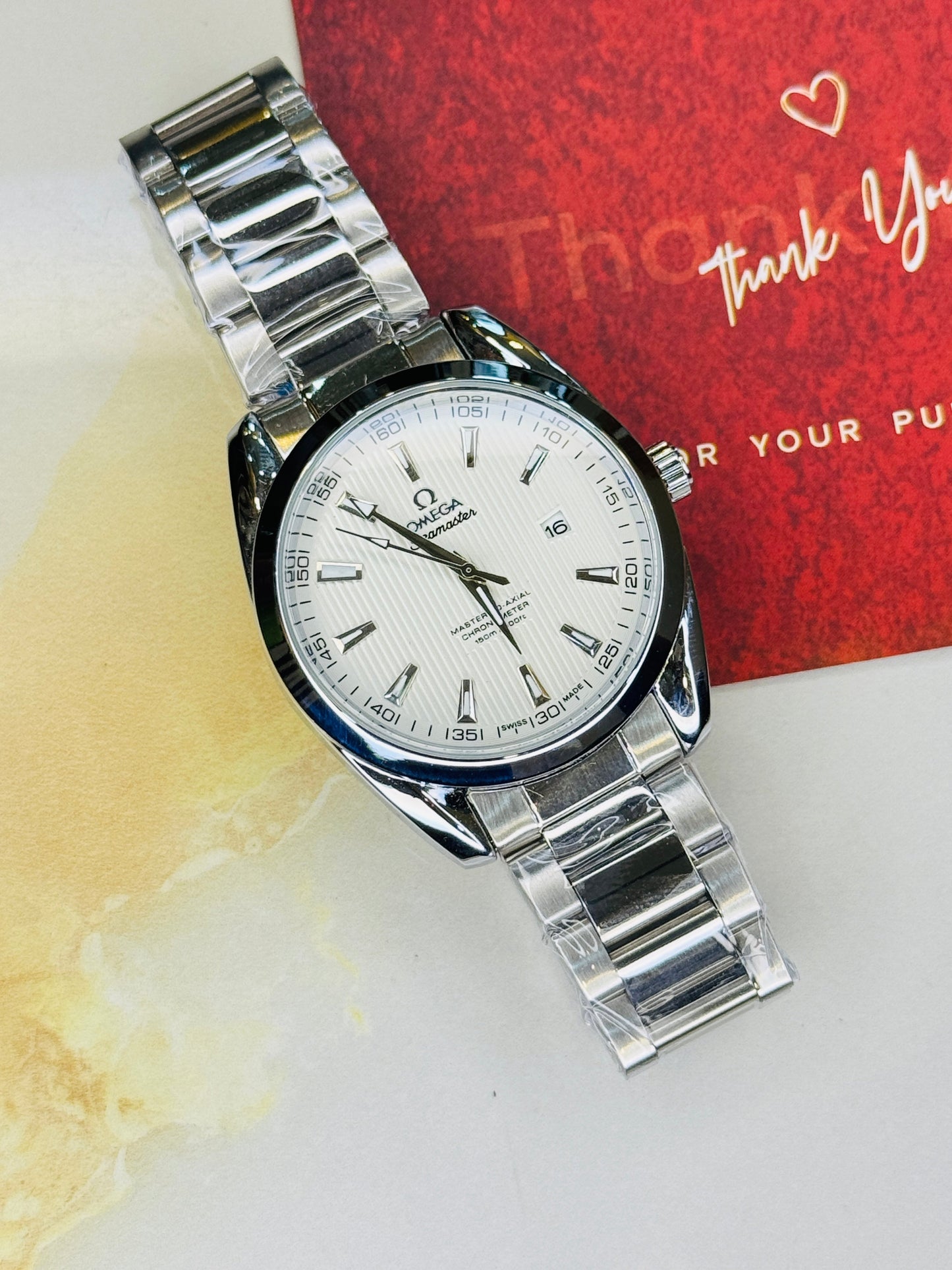 Silver White Chain Strapped Omega Sea Master Watch