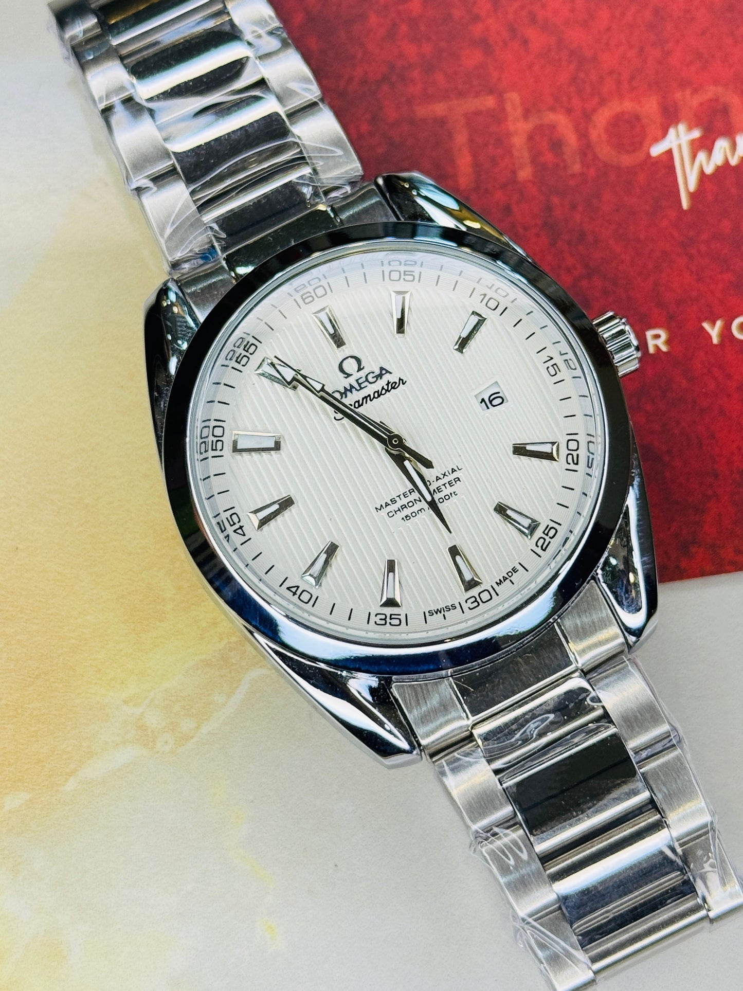 Silver White Chain Strapped Omega Sea Master Watch