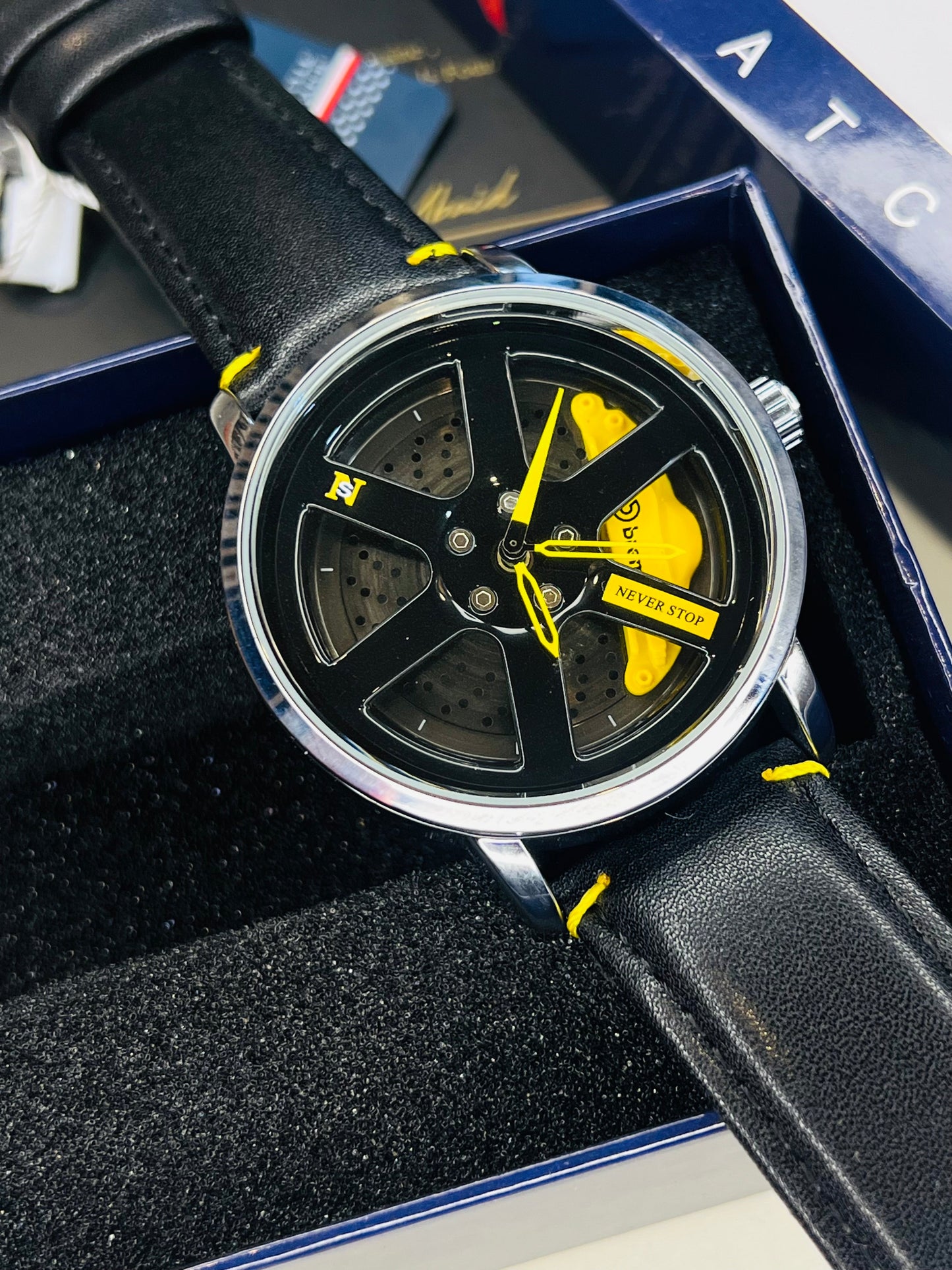 Black Yellow Leather Strapped Spinner NS Watch