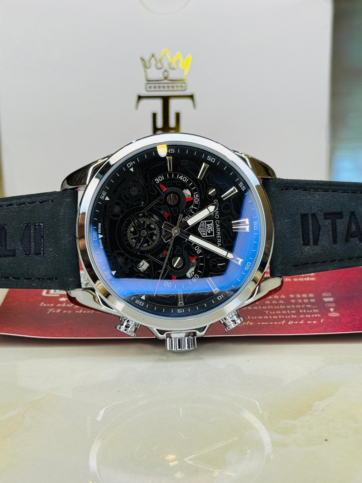 Silver Black Grand Carrera Chronographs Leather Watch