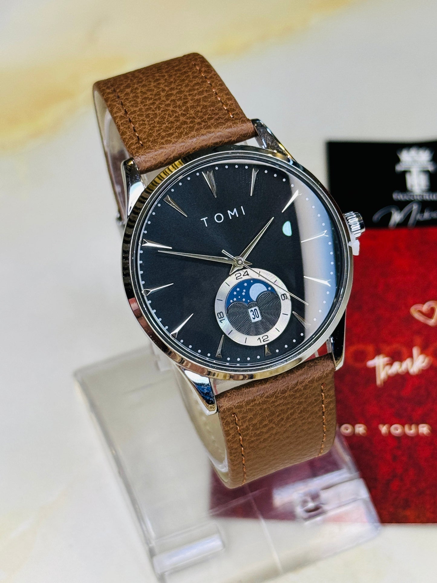 Tomi Brown Silver Leather Magnetic Strap Watch