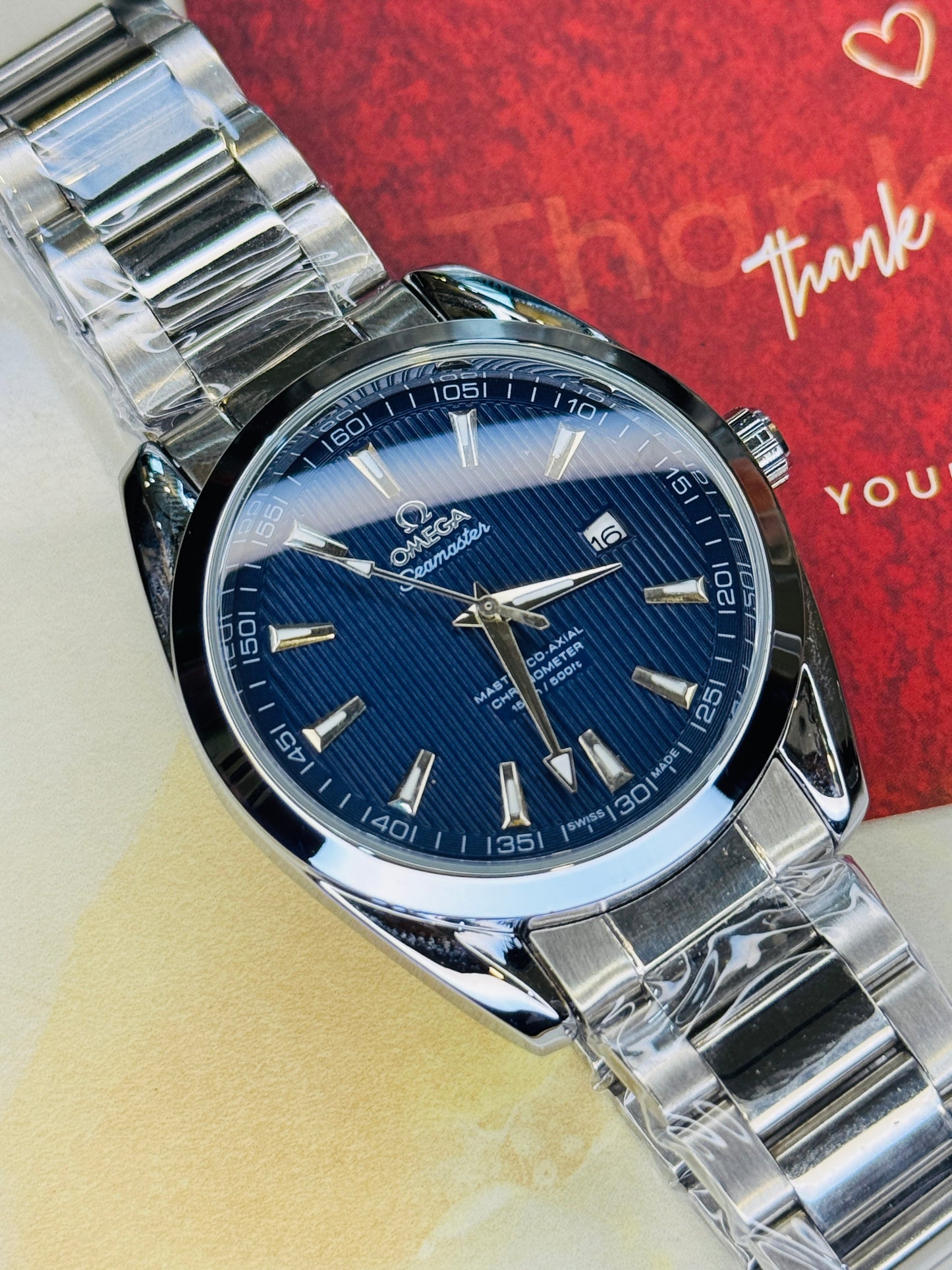 Silver Sapphire Chain Strapped Omega Sea Master Watch