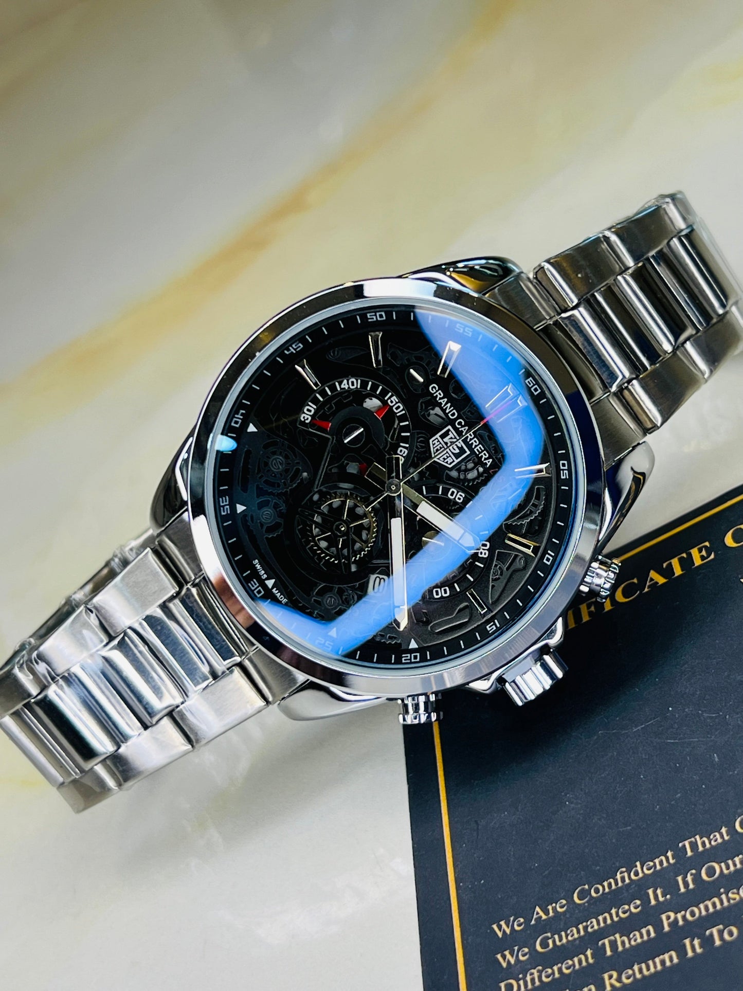 Silver Black Grand Carrera Chain Strap Chronographs Watch