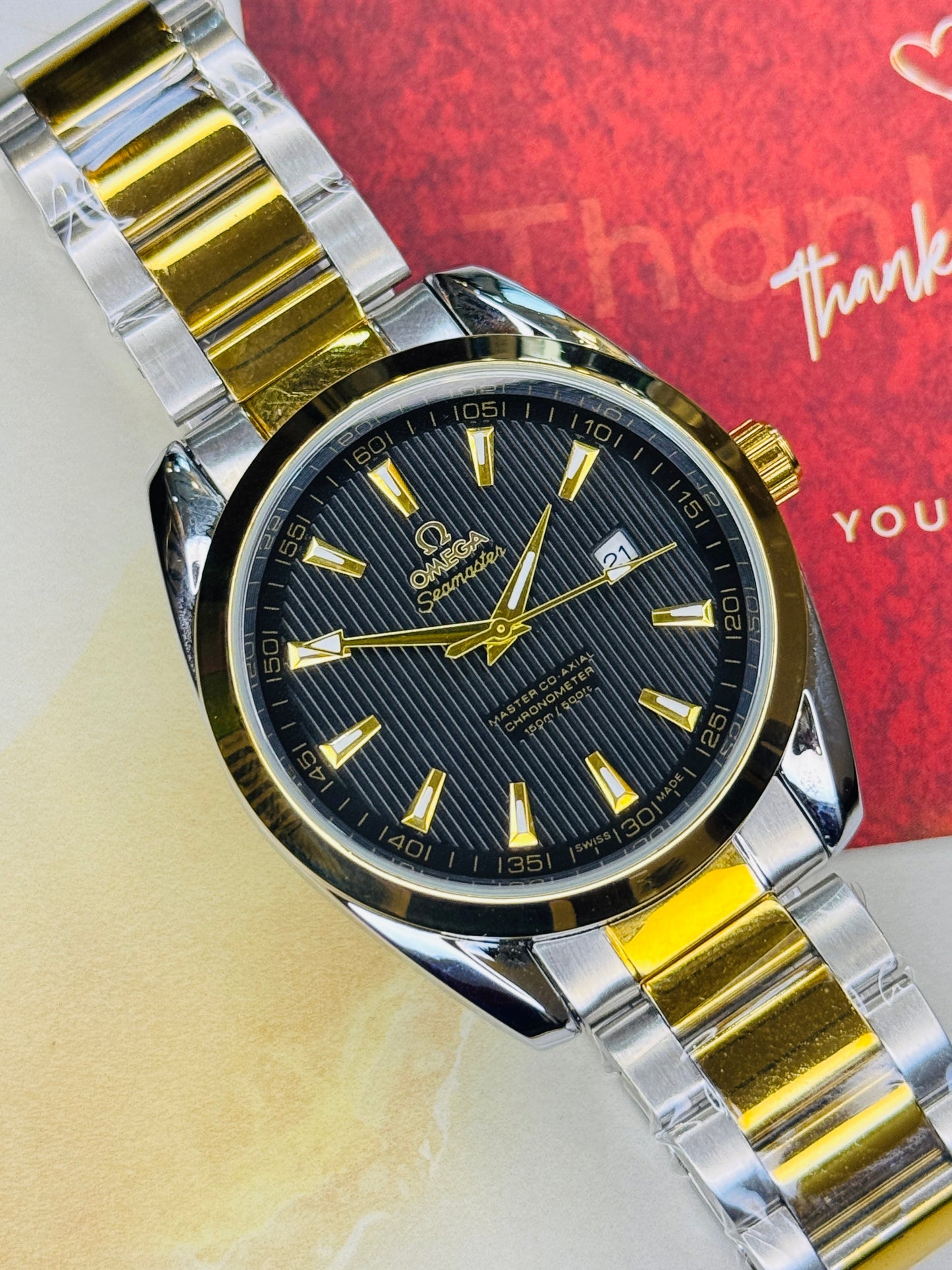 Silver Sapphire Chain Strapped Omega Sea Master Watch