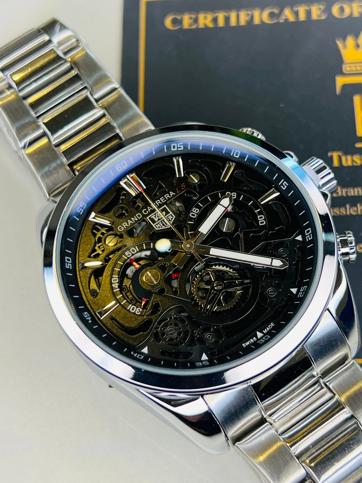 Silver Black Grand Carrera Chain Strap Chronographs Watch