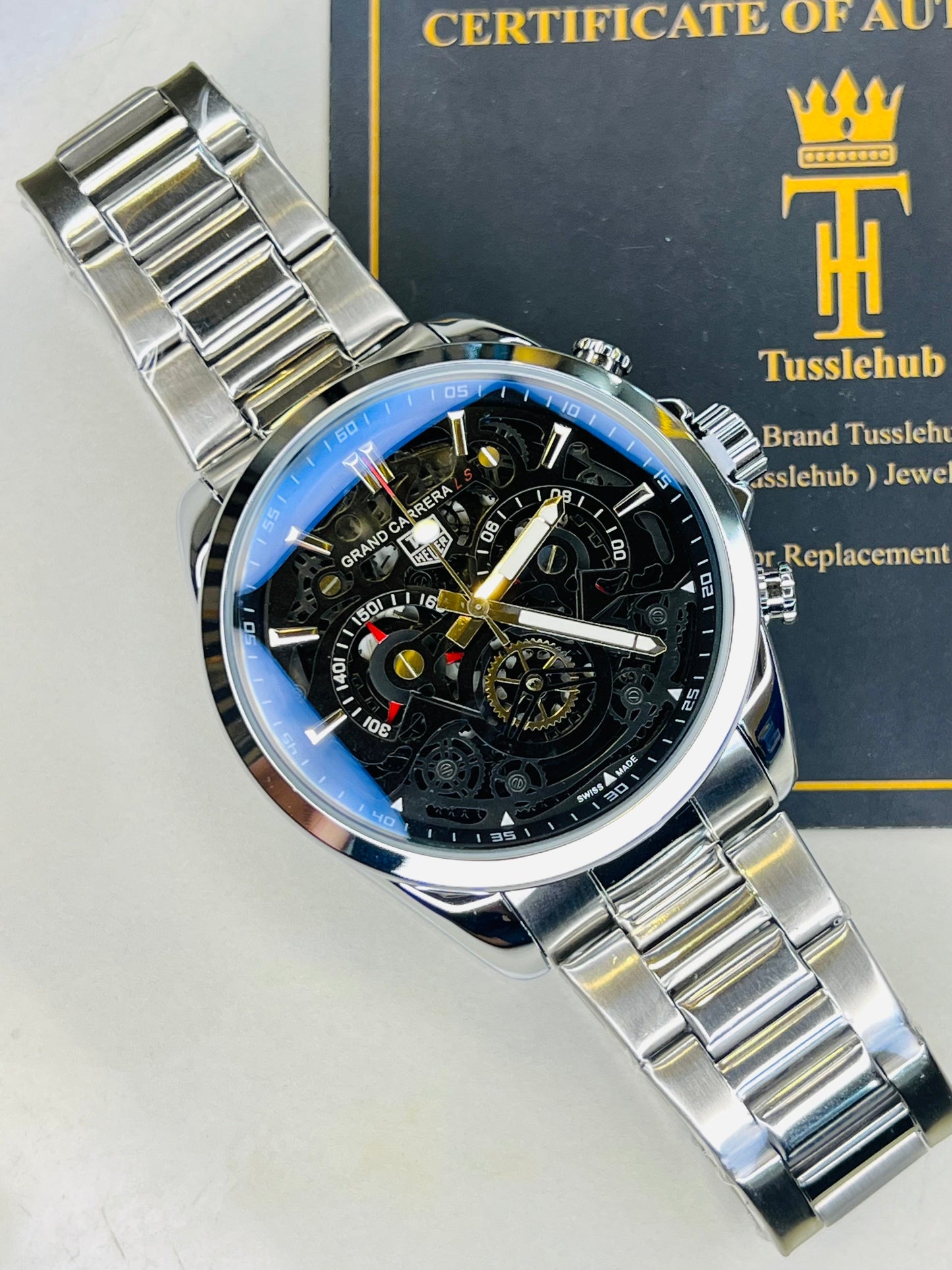 Silver Black Grand Carrera Chain Strap Chronographs Watch