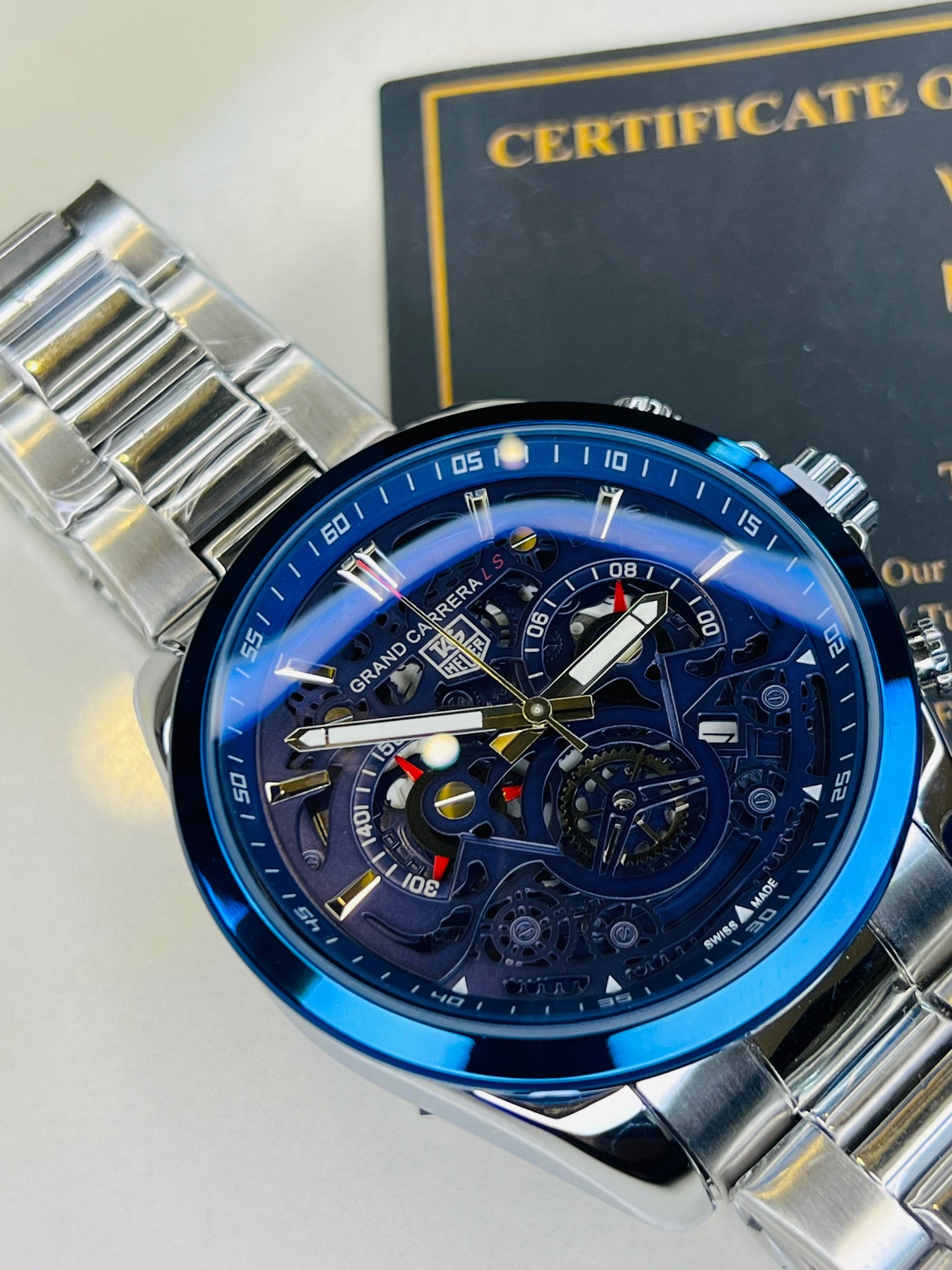 Silver Blue Grand Carrera Chain Strap Chronographs Watch