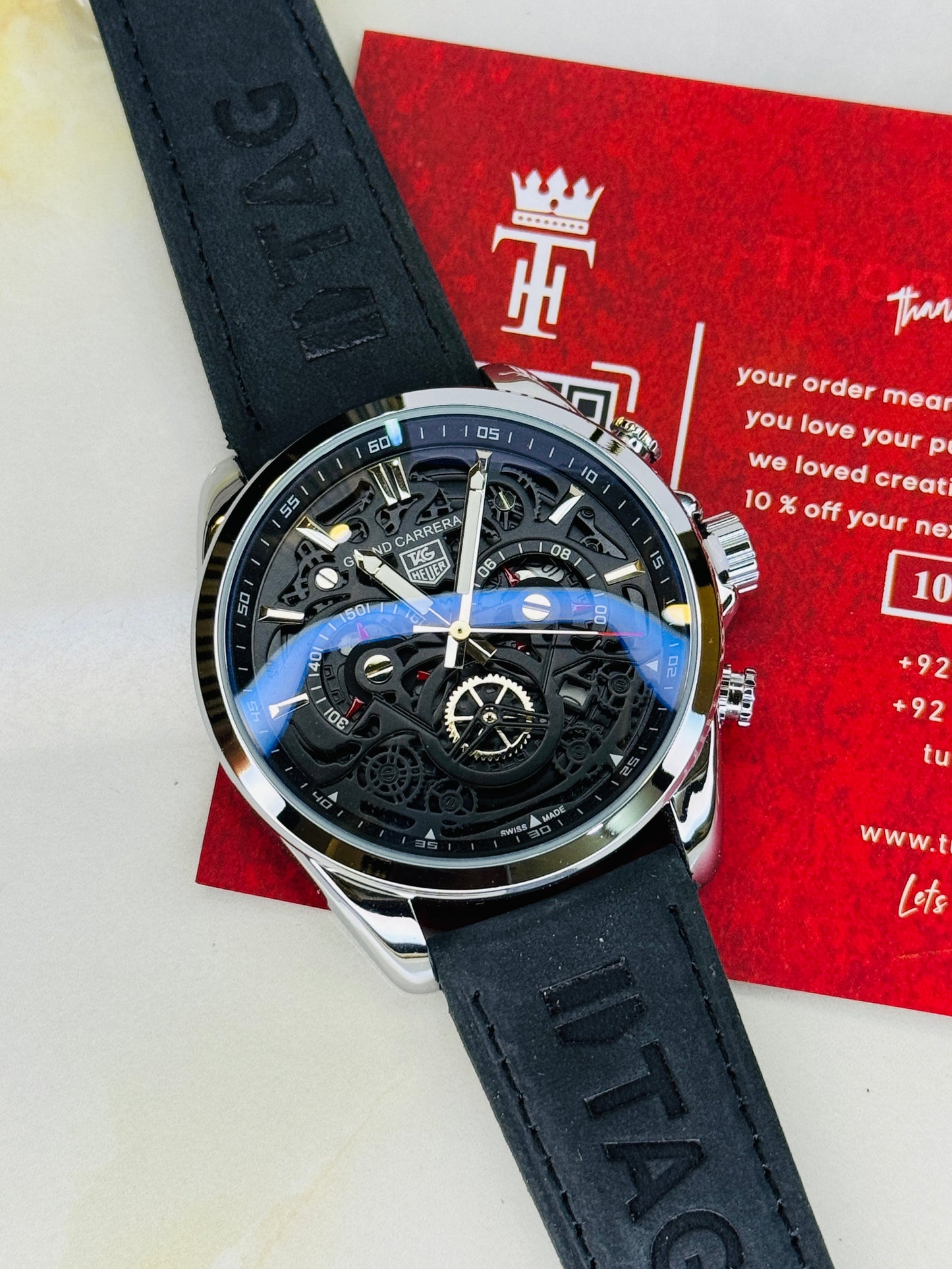 Silver Black Grand Carrera Chronographs Leather Watch