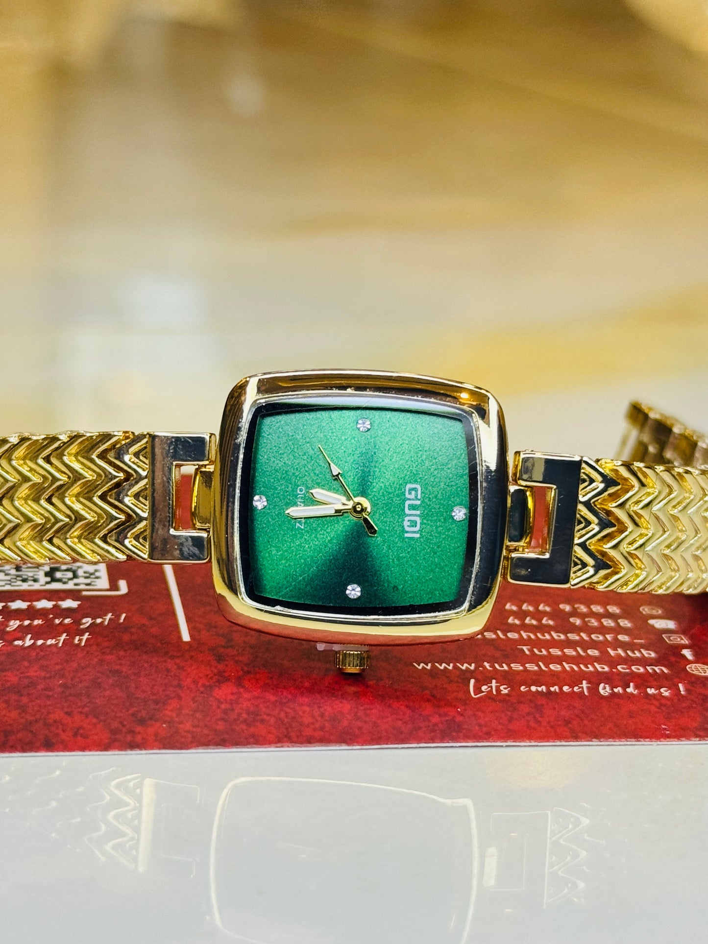 Gold Emerald Guqi Square Watch For Her
