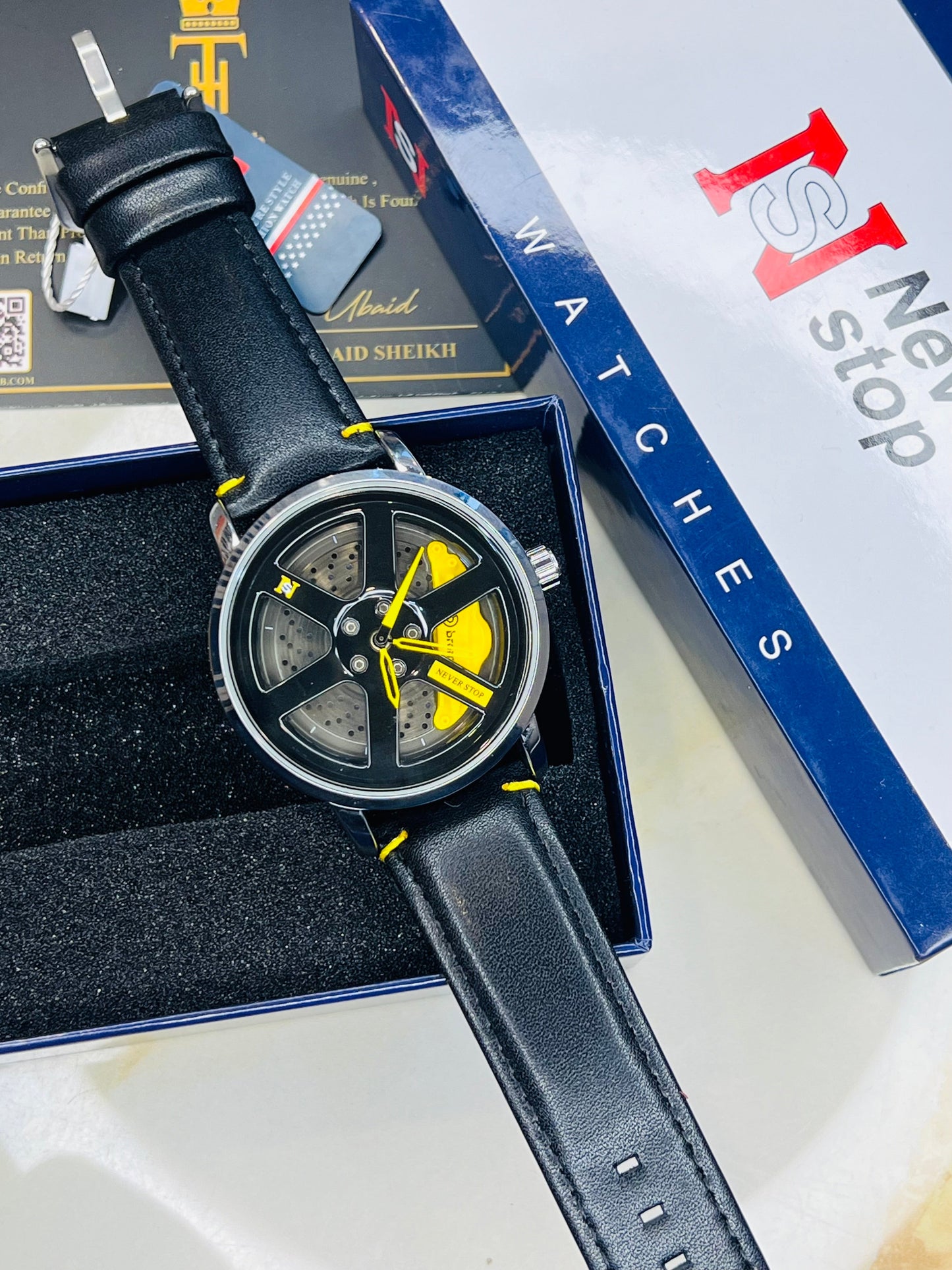 Black Yellow Leather Strapped Spinner NS Watch