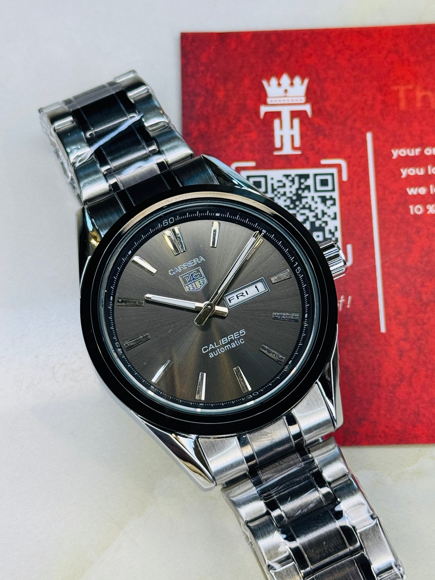 Silver Black Carrera Day Date Chain Strapped Watch
