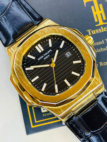 Black Leather Gold Black Dial Nautilus Watch