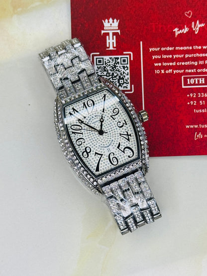 Silver Iced Out Frank Muller Chain Strapped