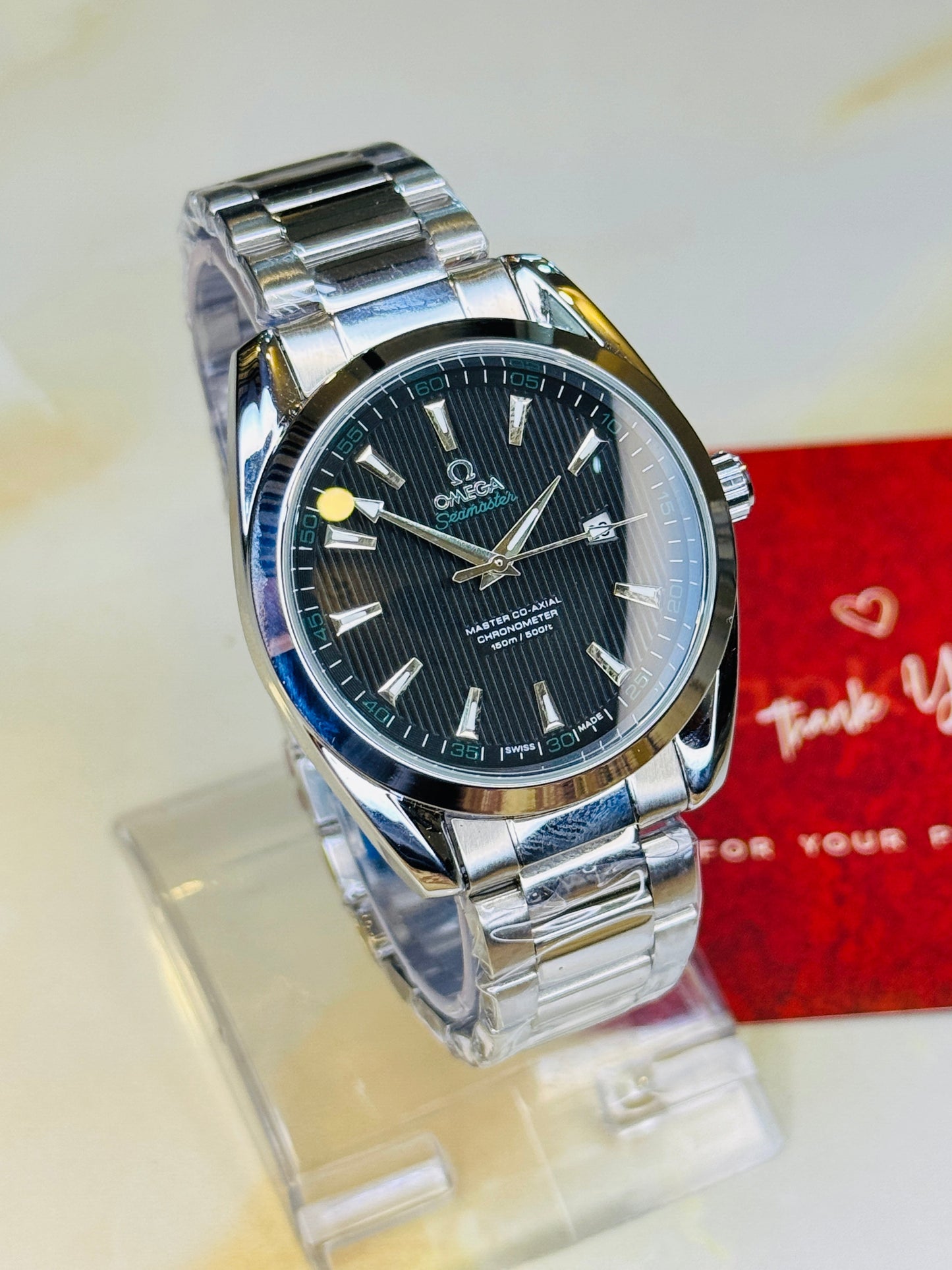 Silver Sapphire Chain Strapped Omega Sea Master Watch