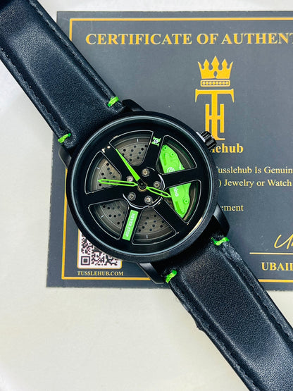 Black Neon Green Leather Strapped Spinner NS Watch