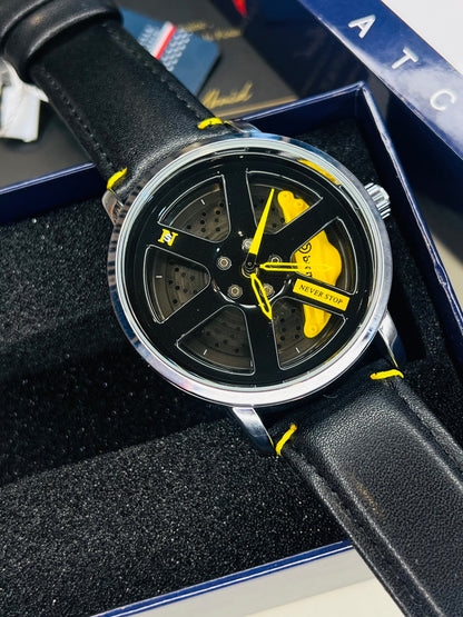Black Yellow Leather Strapped Spinner NS Watch