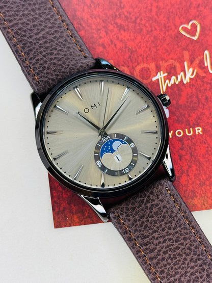 Tomi Coffee Grey Leather Magnetic Strap Watch