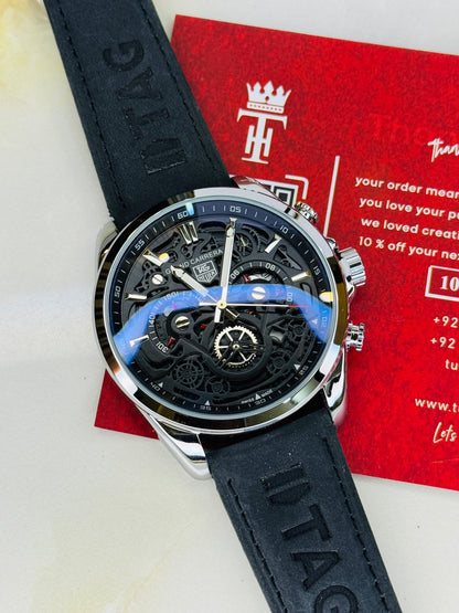 Silver Black Grand Carrera Chronographs Leather Watch